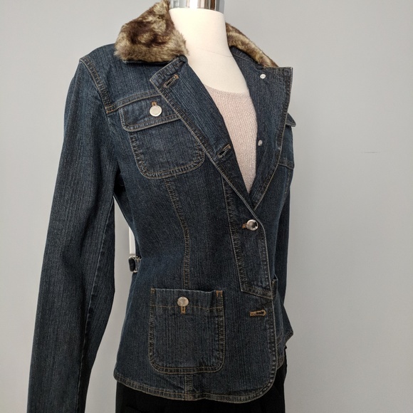 JONES New York Signature Denim Jacket Blazer Detachable Faux Fur Collar Size SM - Picture 2 of 8